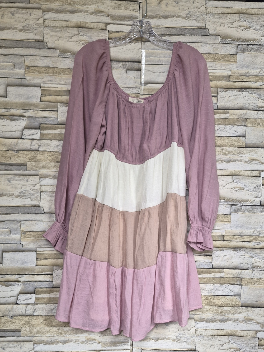 ​Sweet Wanderer Boho Colorblock Tiered Mini Dress 1XL Pink Ivory Long Sleeve